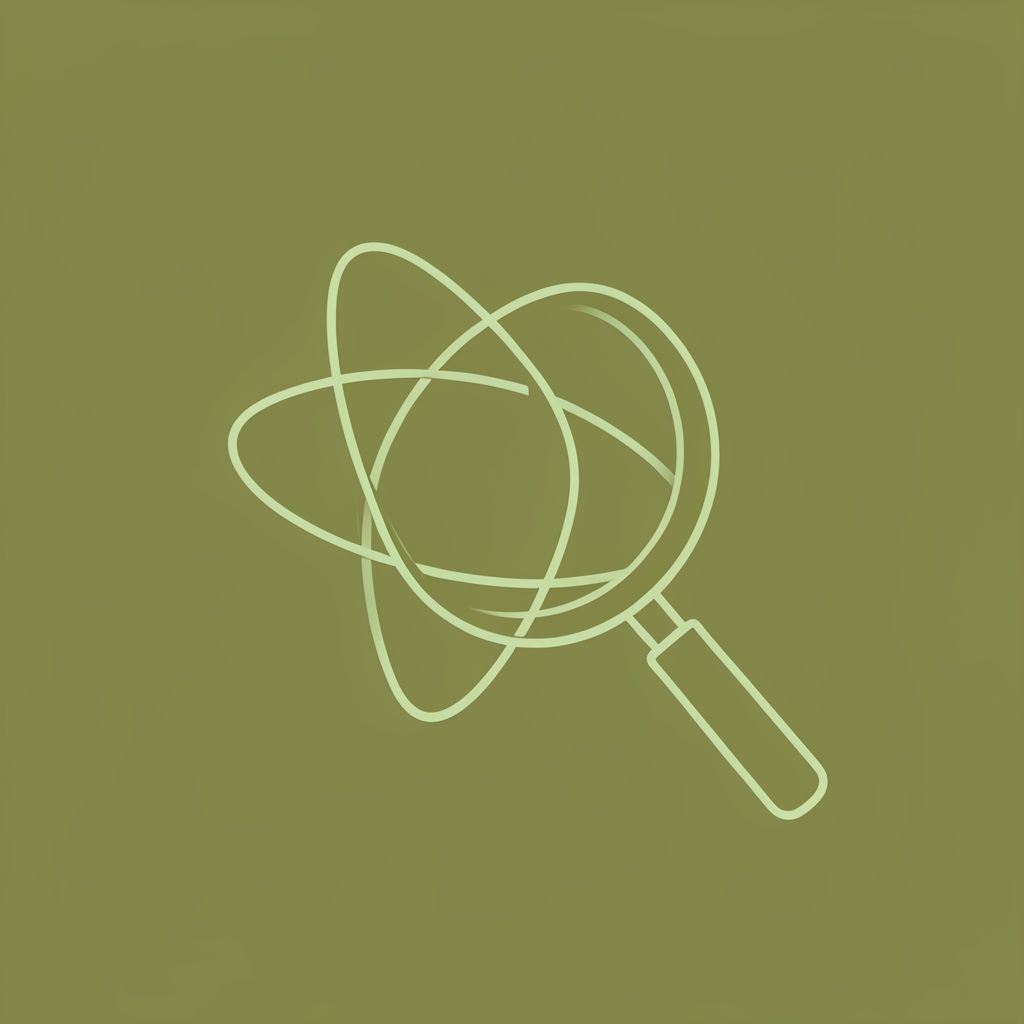 Simple pale green line-art sketch of an atom orbit and a magnifying glass on a solid olive green background