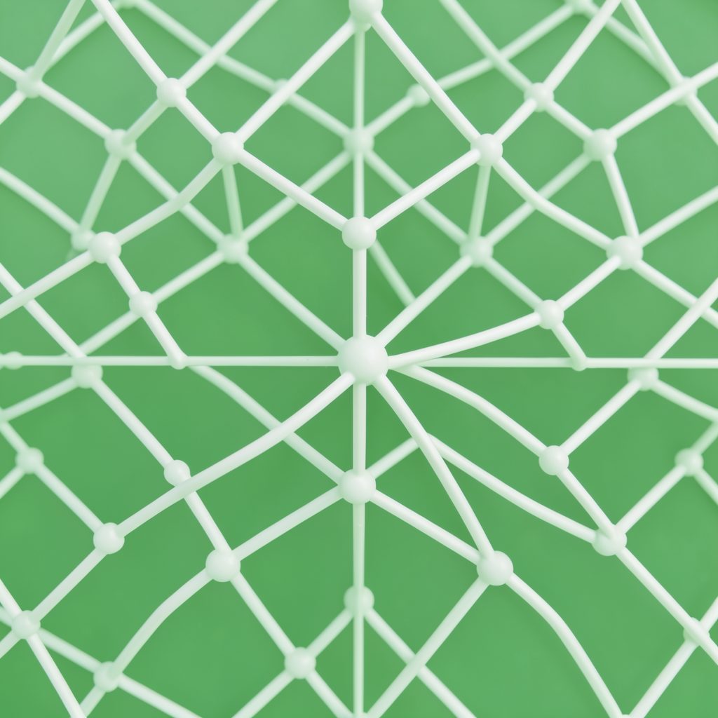 Abstract geometric pattern in soft white and pale green, suggesting interconnected nodes and pathways