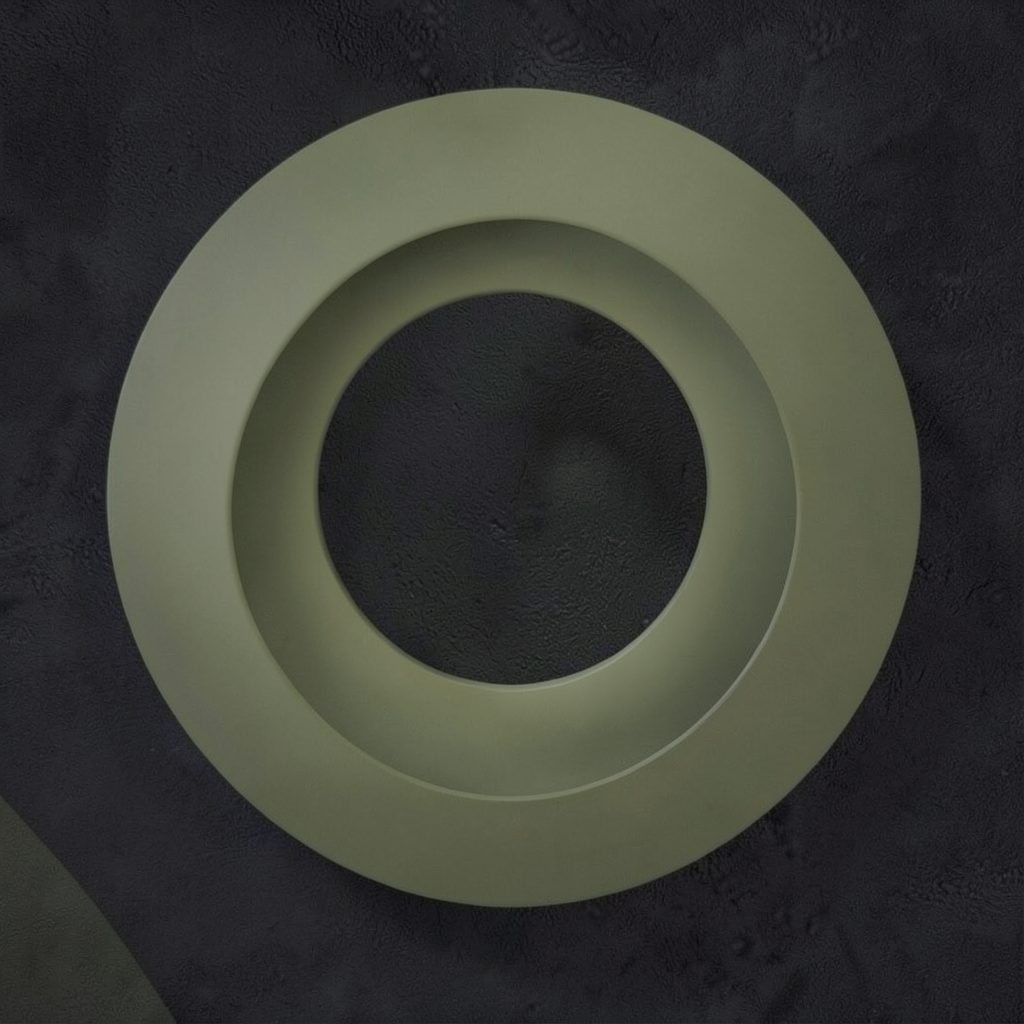 Soft abstract circular pattern in muted olive tones, suggesting a lens or magnifying glass over a textured dark background