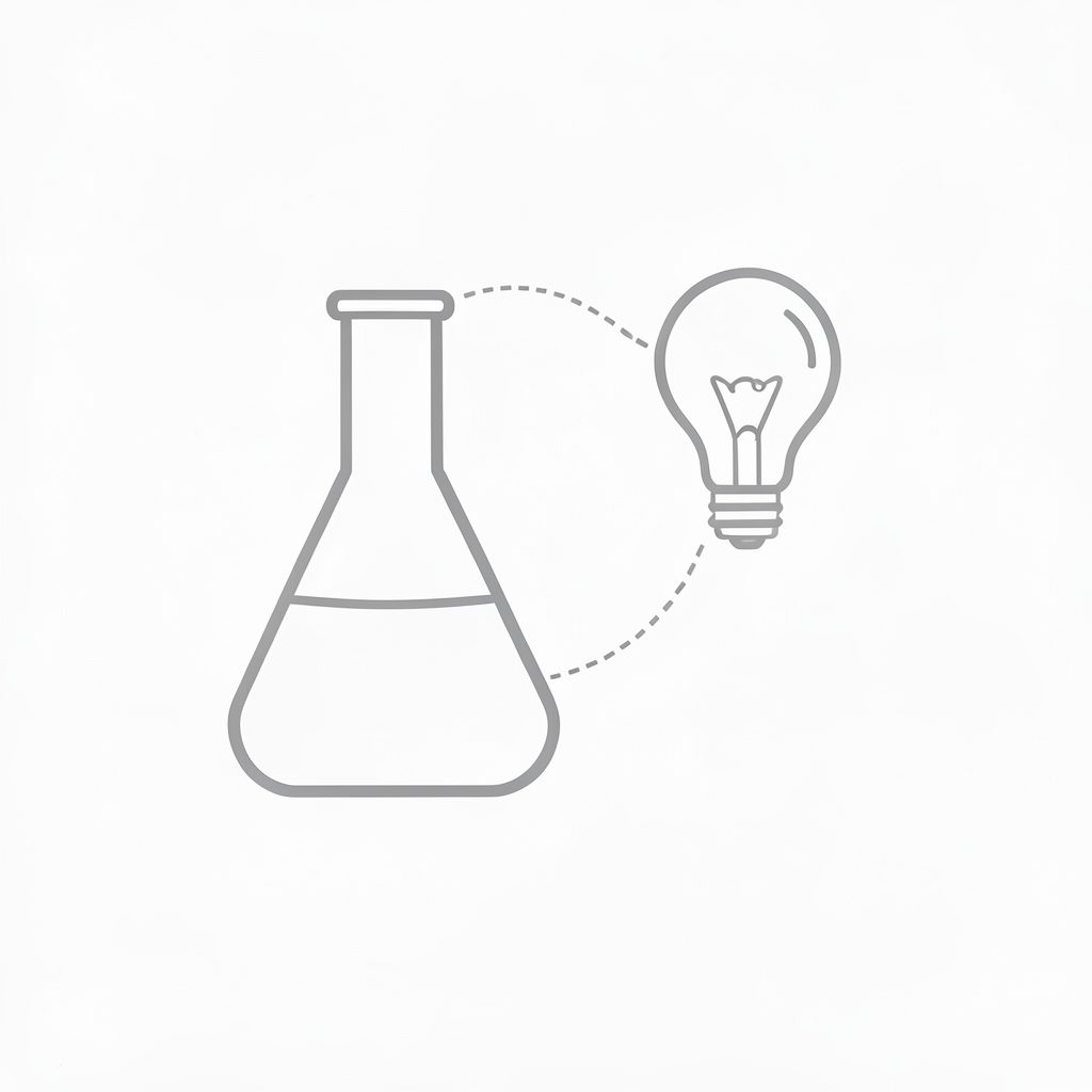 Soft white background with a simple grey line drawing of a laboratory flask and a lightbulb connected by a thin dotted line