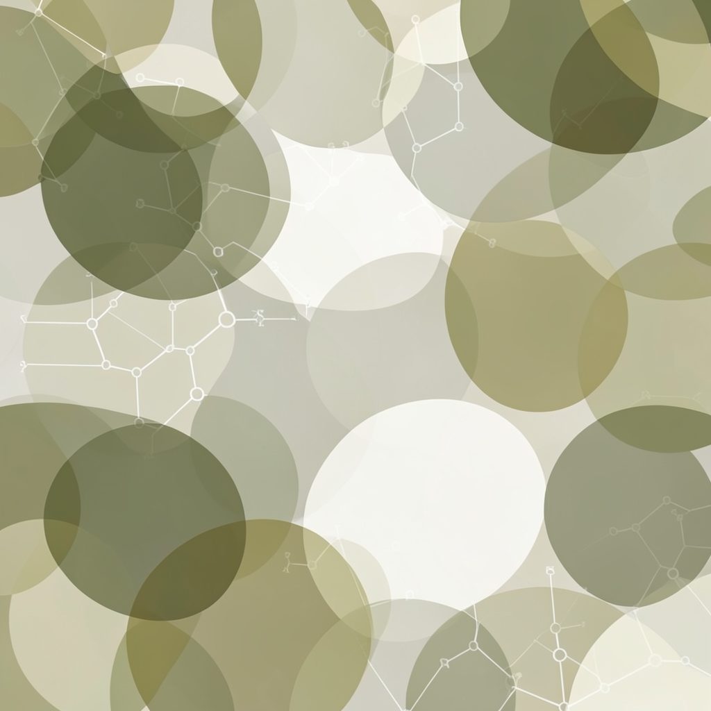Soft abstract pattern of overlapping translucent circles in muted olive and cream tones, suggesting scientific diagrams and inquiry