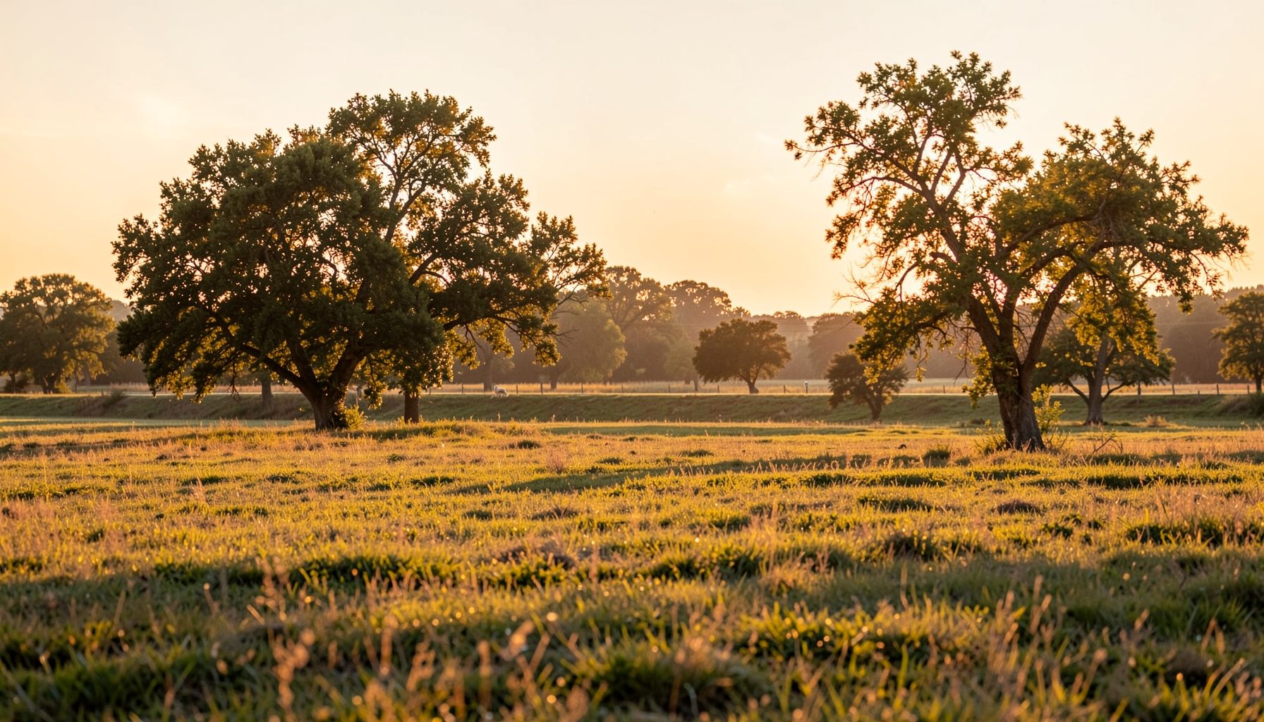Warm golden-hour light over a quiet rural landscape with scattered trees and open fields, calm and hopeful atmosphere