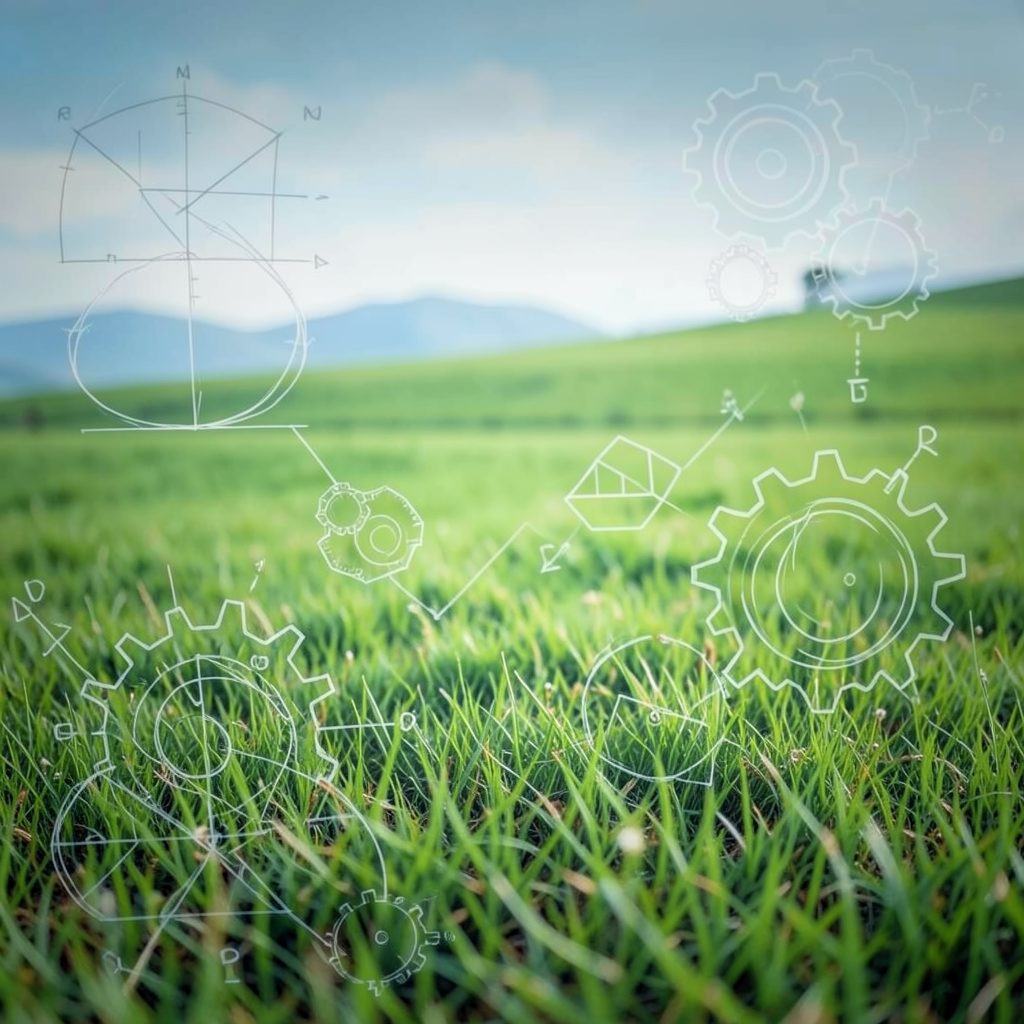 A calm green landscape with a faint overlay of scientific diagrams and gears, evoking curiosity and rational thought